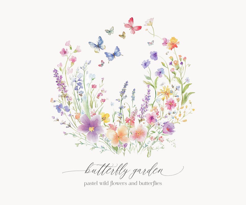 May include: Watercolour painting of a circle of pastel wildflowers and butterflies. The text "butterfly garden" and "pastel wild flowers and butterflies" is below the circle.