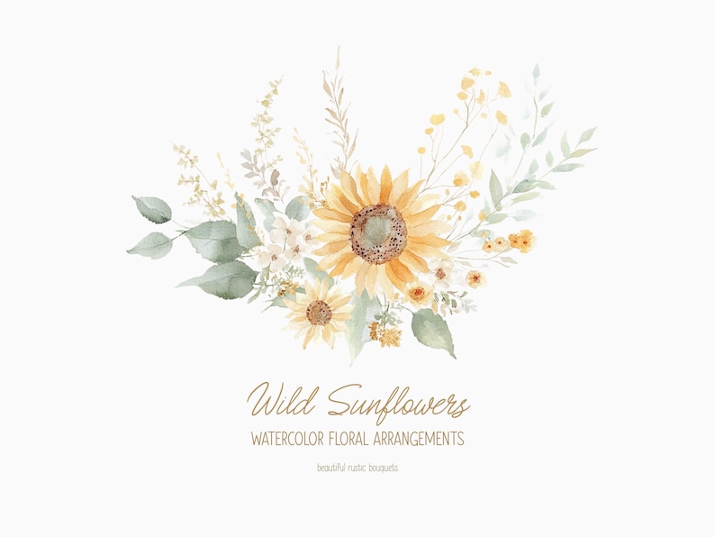 K&ouml;nnte beinhalten: Aquarellmalerei eines Strau&szlig;es wilder Sonnenblumen mit gr&uuml;nen Bl&auml;ttern und kleinen wei&szlig;en Bl&uuml;ten. Der Text "Wild Sunflowers Watercolor Floral Arrangements beautiful rustic bouquets" befindet sich unter dem Strau&szlig;.