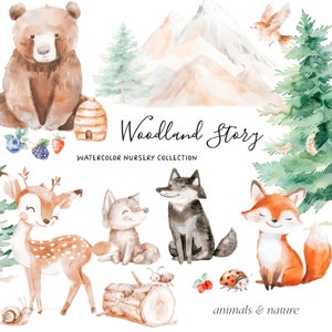Wald Aquarell Clipart - Süße Waldlandschaften - Tier Clipart - Kinderzimmer Clipart - Clipart für Kinder - Wald - unbegrenzte Verkaufslizenz