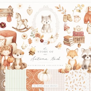 Op de afbeelding: Een digitale aquarelcollectie getiteld The Story of an Autumn Nook van Little Linen Atelier, met illustraties van bosdieren, een hobbelpaard, pompoenen, gezellige meubels, kleding en patronen met herfsttinten in warme kleuren.