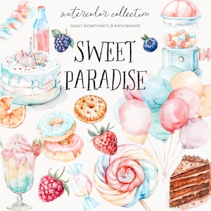 Süßigkeiten Aquarell Clipart Set - Süße Leckereien - Süßigkeiten Party - Süße Sammlung - Pastell Süßigkeiten - Deserta Clipart - Aquarell Leckereien