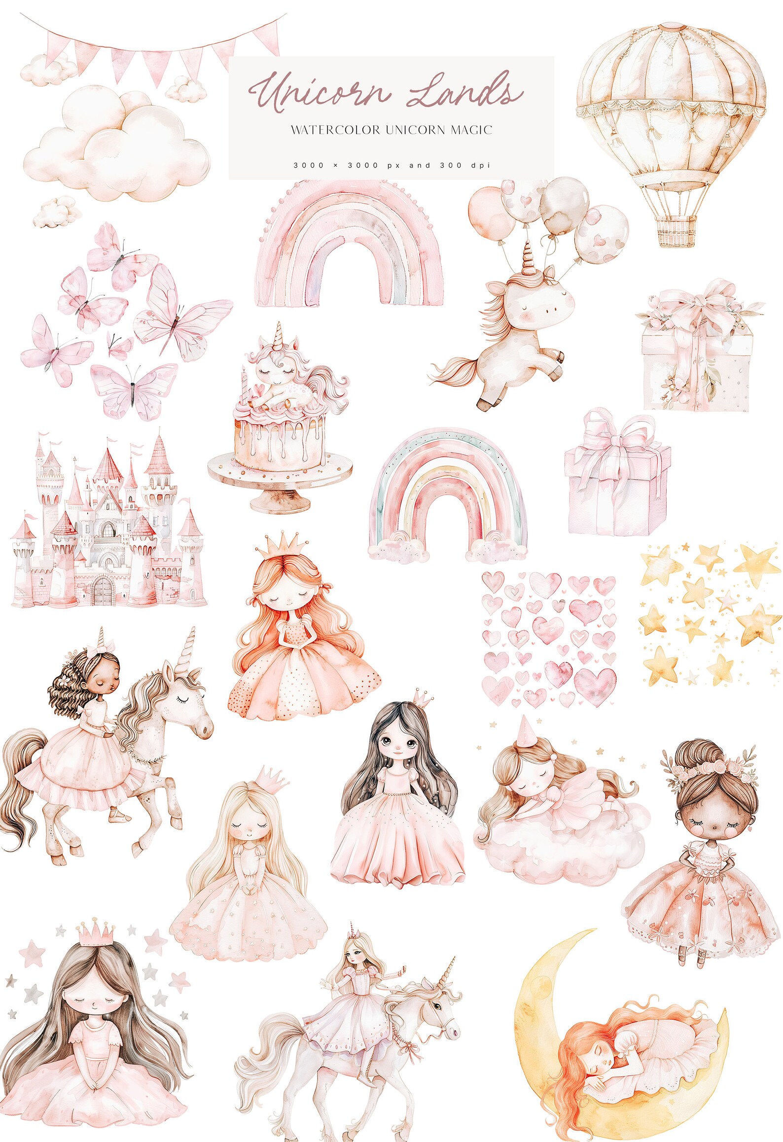 Cute Unicorn & Princess Clipart - Neutral Unicorns - Fantasy Princess ...