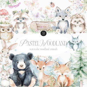 Colección de imágenes prediseñadas de bosque en acuarela pastel: lindos animales del bosque, imágenes prediseñadas de fiesta en el bosque, Wild One