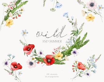 Watercolor Summer Wild Flowers - Wild Floral Fields - Meadows - Forest wild flowers - floral arrangements - Elements