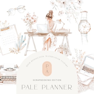Clipart de planejador de aquarela - Conjunto de clipart de diário - Branco e dourado - Adesivos digitais - Scrapbooking - Diário - Licença estendida ilimitada