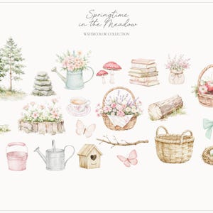 以下が含まれることがあります： 「Springtime in the Meadow」コレクションの水彩イラスト。木、キノコ、本、バスケット、じょうろ、蝶、鳥小屋など、さまざまな要素が描かれています。ソフトグリーン、ピンク、ブラウンの色使いです。