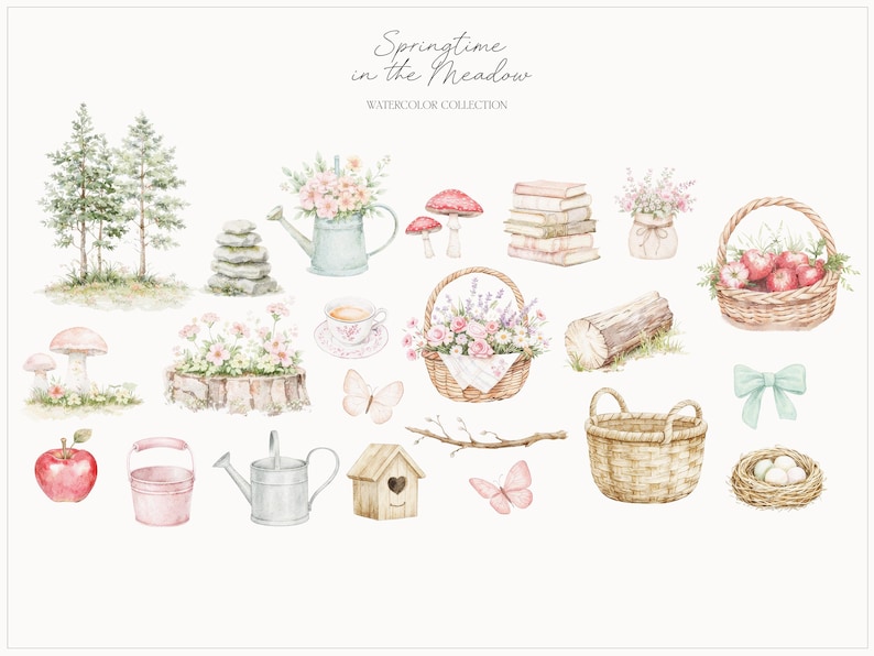 以下が含まれることがあります： 「Springtime in the Meadow」コレクションの水彩イラスト。木、キノコ、本、バスケット、じょうろ、蝶、鳥小屋など、さまざまな要素が描かれています。ソフトグリーン、ピンク、ブラウンの色使いです。