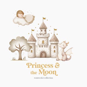 Puede incluir: Ilustraci&oacute;n de acuarela de una princesa durmiendo en una nube sobre un castillo con un drag&oacute;n de pie a su lado. El texto "Princess & the Moon watercolor collection" est&aacute; debajo de la imagen.
