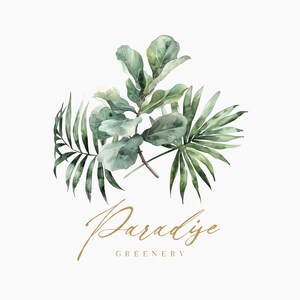 May include: Watercolor illustration of green tropical leaves with the text "Paradise Greenery" in gold script.