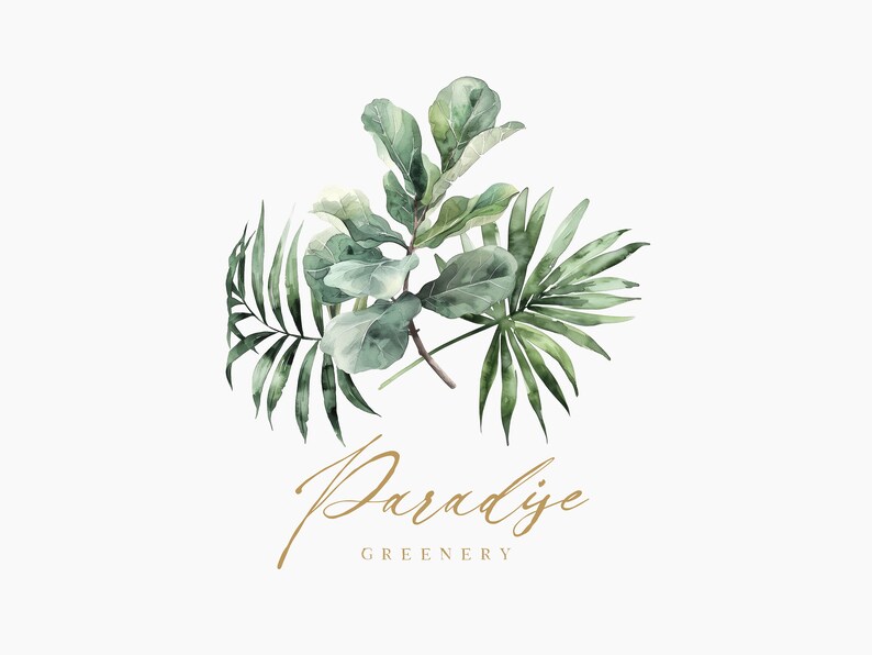 May include: Watercolor illustration of green tropical leaves with the text "Paradise Greenery" in gold script.