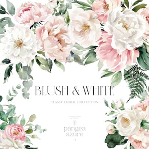 Clipart floral aquarelle blanc et rose poudré - arrangements floraux blanc et rose poudré - bouquets de fleurs rose poudré - Clipart mariage