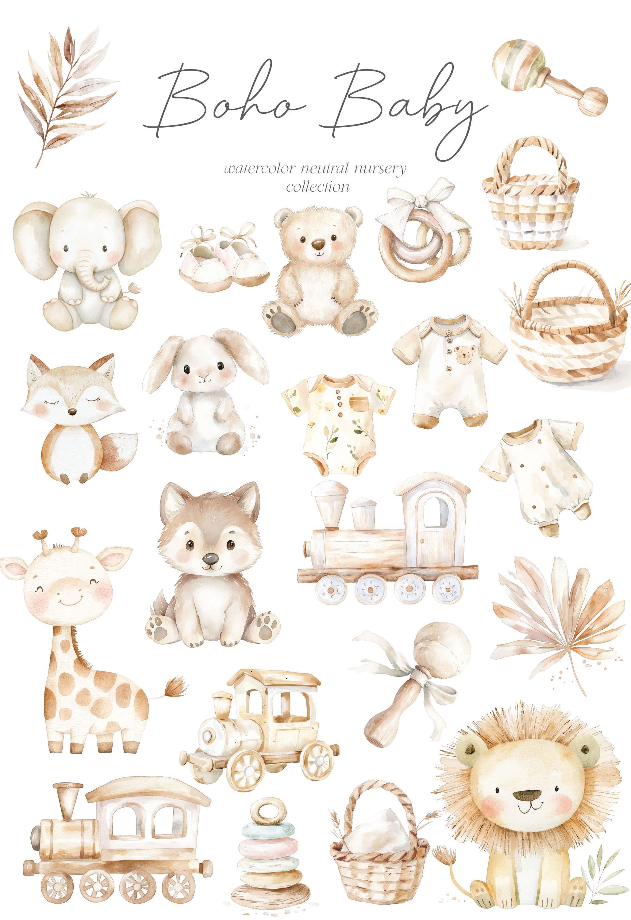 Neutral Baby Watercolor Clipart - Boho Baby - Boho Animals - Neutral ...