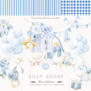 Può includere: Illustrazione ad acquerello con oche bianche in vari outfit, tra cui giacca, cappello e sciarpa, con accenti floreali blu e palloncini. Il testo "SILLY GOOSE blue edition" è incluso.