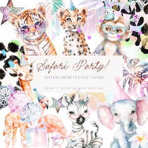 Safari Party Animal Clipart - Safari Party - Party Clipart Set - Festive Safari Clipart - Party Animals - Festivo - Licencia de ventas ilimitada