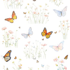 Op de afbeelding: Een digitale illustratie van een verzameling aquarel vlinders in verschillende kleuren en patronen, waaronder oranje, geel, blauw en roze. De vlinders worden omringd door delicate groene stelen en kleine witte en roze bloemen. De tekst "SPRING BUTTERFLIES" en "SPRING EDITION" wordt bovenaan de afbeelding weergegeven.