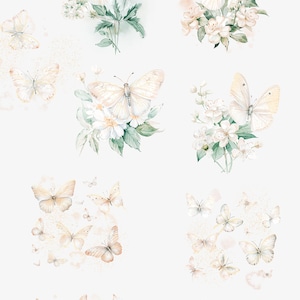 Pu&ograve; includere: Illustrazione ad acquerello di farfalle avorio e oro e fiori bianchi. Le farfalle sono in varie posizioni, alcune con le ali aperte e altre con le ali chiuse. I fiori sono in grappoli e hanno un aspetto delicato, ad acquerello.