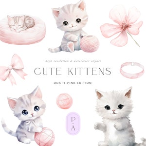 Conjunto de clipart de gatinhos fofos - gatinhos aquarela - fofos - gatos - clipart de gatos - scrapbooking - adesivos digitais - licença de vendas ilimitada