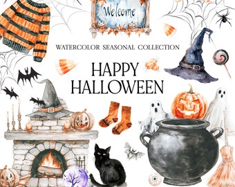 Halloween Watercolor Clipart - Happy Halloween - Spooky Clipart - Autumn Clipart - Watercolor Trick or Treat - Unlimited Sales License