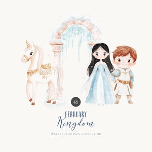 May include: Watercolor illustration of a princess and prince in winter attire, standing in front of an icy archway. A white unicorn with gold accents stands to the left. The text "February Kingdom Watercolor Iced Collection" is below the image.