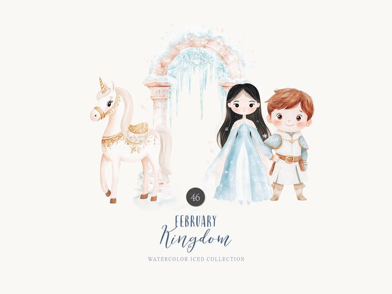 May include: Watercolor illustration of a princess and prince in winter attire, standing in front of an icy archway. A white unicorn with gold accents stands to the left. The text "February Kingdom Watercolor Iced Collection" is below the image.
