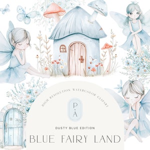水彩ダスティブルーの妖精のクリップアート - 妖精のクリップアート - ダスティブルー - 淡いブルー - 保育園 - 水彩ブーケ - 無制限の拡張ライセンス