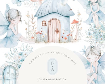 May include: Watercolor illustration of a blue fairy land with a small blue house, mushrooms, flowers, and fairies. The illustration is in a dusty blue color palette and has the text "Blue Fairy Land" at the bottom.