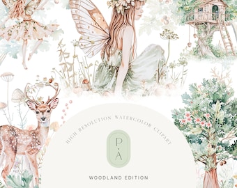 Watercolor Woodland Fairy Clipart - Fairies Clipart - Watercolor Woodland - Woodland Animals - Scrapbooking - Unlimited Extended License