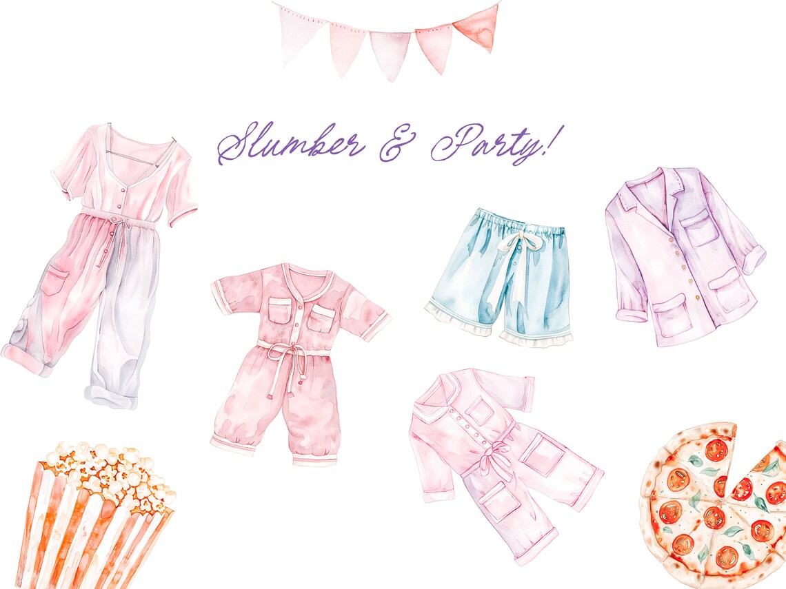 Slumber Party Clipart Set - Pajama Party Clipart - Watercolor Party ...