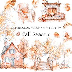 Herfst aquarel clipart - herfst clipart - aquarel herfst - gezellige clipart - herfstseizoen - herfstlandschappen - onbeperkte verkooplicentie