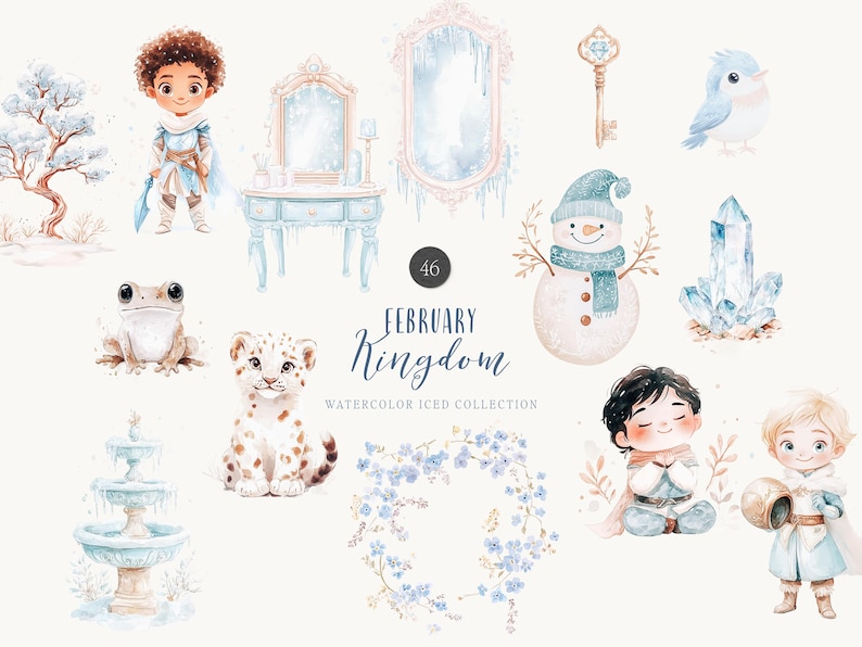 May include: Watercolor illustrations of a winter wonderland with a snowman, a bluebird, a frog, a snow leopard, a key, a crystal, a mirror, a vanity, a fountain, a wreath, and two children. The text "February Kingdom Watercolor Iced Collection" is included in the image.