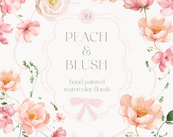 Peach & Blush Floral Collection - Coquette Bows and Ribbons - Floral Elements - Ribbon Line Art - Floral Frames - Ribbon Frames - Watercolor