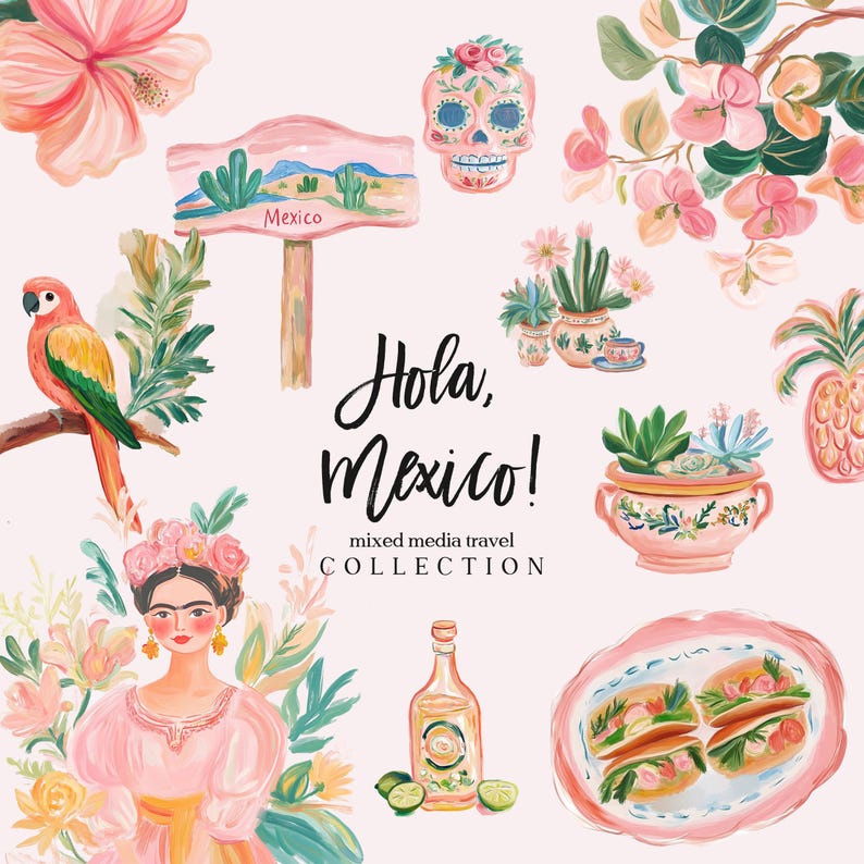 May include: A colourful illustration of a Mexican-themed travel collection. The illustration features a pink flower, a green parrot, a sign that says "Mexico", a sugar skull, a bottle of tequila, limes, a plate of tacos, and a potted cactus. The text "Hola, Mexico!" is written in a whimsical font.