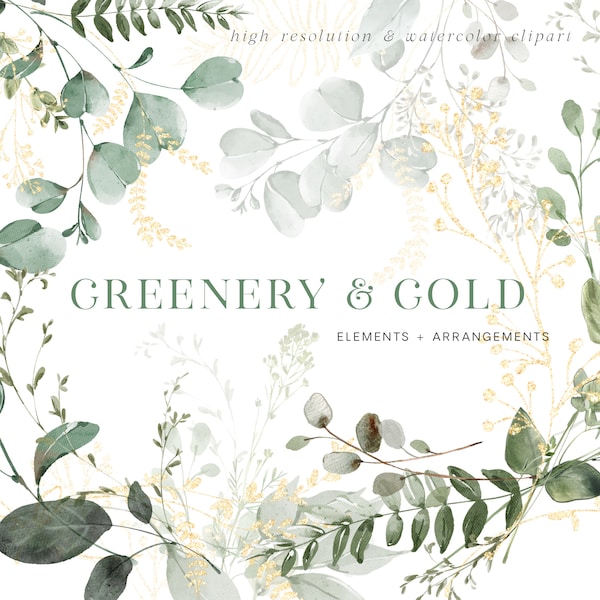 Greenery Watercolor Clipart - Eucalyptus Clipart - Greenery Elements - Gold And Glitter - Wedding Clipart - Gold - Unlimited Sales License