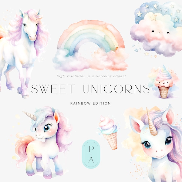 Pastel Unicorn Clipart - Rainbow Unicorns - Unicorns Watercolor - Cute Doodles - Rainbow - Clouds - Kids - Cute Horses