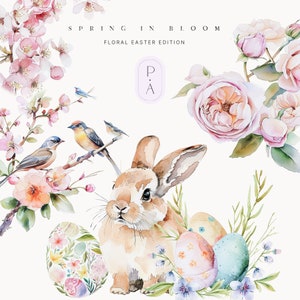 Aquarelle Pâques Clipart Set - Bunny Clipart - Fleurs de printemps - Éléments aquarelle - Pivoine Clipart - Fleurs - Licence étendue illimitée
