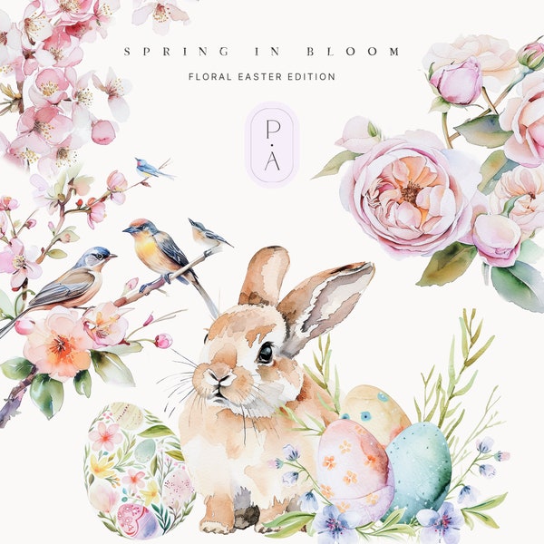 Watercolor Easter Clipart Set - Bunny Clipart - Spring Florals - Watercolor Elements - Peony Clipart - Flowers - Unlimited Extended License