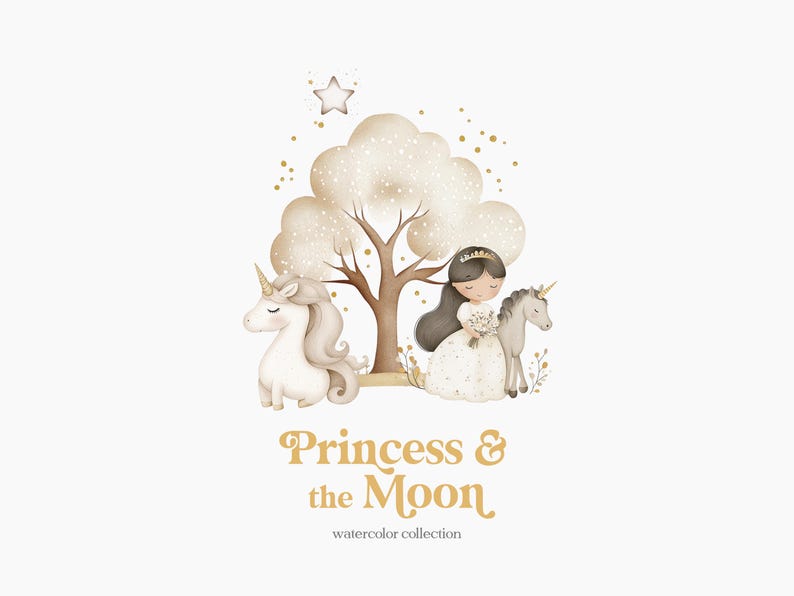 Puede incluir: Ilustraci&oacute;n de acuarela de una princesa con una corona y un vestido blanco de pie con un unicornio en un bosque con un &aacute;rbol y una estrella. El texto "Princess & the Moon watercolor collection" est&aacute; debajo de la imagen.