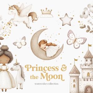 Clipart aquarelle princesse et licorne - lune et princesse clipart - Pégase - licorne - château - clipart chambre d'enfant royaume