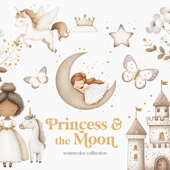 Watercolor Princess and Unicorn Clipart - Moon and Princess Clipart - Pegasus - Unicorn - Castle - Kingdom Nursery Clipart