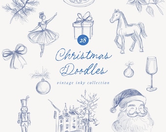 May include: A set of 28 hand-drawn Christmas doodles in blue ink. The doodles include a ballerina, a nutcracker, a horse, a gift box, a Christmas tree, a Christmas ornament, a Santa Claus, a house, a bow, and a glass of wine.