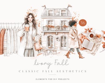 Watercolor Ivory Fall Aesthetic Clipart - Modern Cozy autumn Collection - Scrapbooking Fall Digital Stickers - Autumn clipart