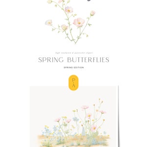 Op de afbeelding: Een aquarel-illustratie van een veld met roze en blauwe wilde bloemen met een vlinder die erboven vliegt. De illustratie is op een witte achtergrond met een geel label waarop "SPRING BUTTERFLIES SPRING EDITION" staat.