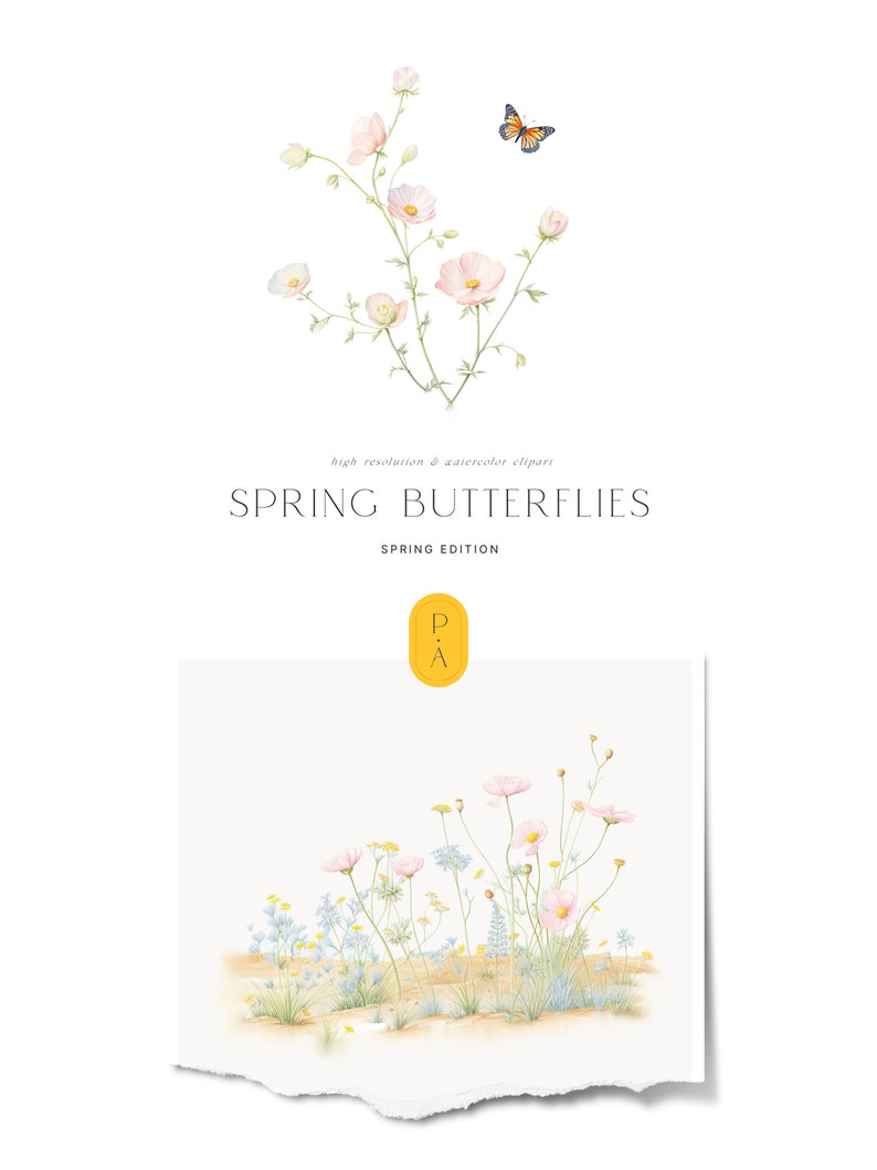 Op de afbeelding: Een aquarel-illustratie van een veld met roze en blauwe wilde bloemen met een vlinder die erboven vliegt. De illustratie is op een witte achtergrond met een geel label waarop "SPRING BUTTERFLIES SPRING EDITION" staat.