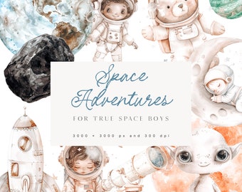 Puede incluir: Ilustración de acuarela de personajes con temática espacial, incluyendo astronautas, un oso, un bebé durmiendo y un extraterrestre. La ilustración presenta planetas, estrellas, un cohete y un telescopio. El texto "Space Adventures for True Space Boys 3000 x 3000 px and 300 dpi" está incluido.