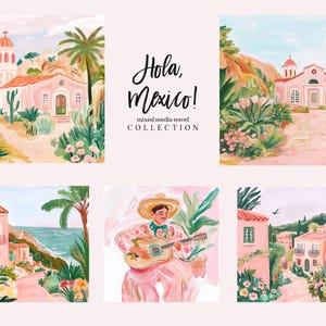 May include: A collection of six digital illustrations depicting scenes from Mexico. The illustrations include a pink church, a man playing a guitar, and a street scene with colourful buildings.