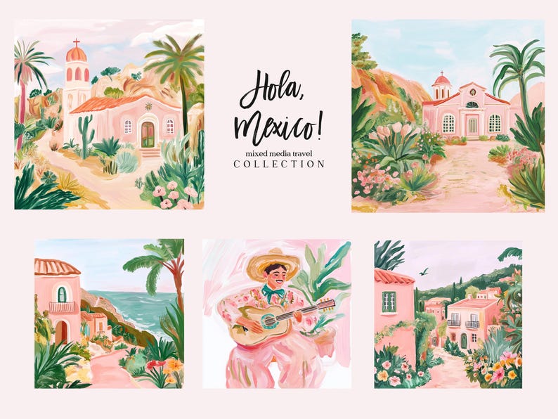 May include: A collection of six digital illustrations depicting scenes from Mexico. The illustrations include a pink church, a man playing a guitar, and a street scene with colourful buildings.