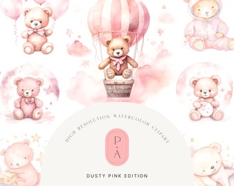 Dusty Pink Teddy Bears Clipart - Ours en peluche roses - Teddy Bears Clipart - Nursery Clipart -Baby Shower Clipart - Licence étendue illimitée