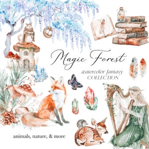 Fantasy Wald Clipart - Aquarell Fantasy - Magisch - Waldtiere - Märchen Clipart - Drachen & Elfen - Unlimitierte Verkaufslizenz