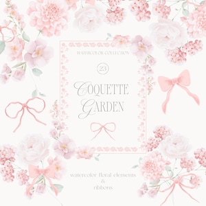 Preppy Blush Floral Watercolor Clipart - Coquette Clipart - Coquette Frames - Ribbon Clipart - Blush Flowers - Watercolor Bouquets