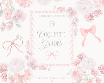 Puede incluir: Elementos florales y lazos de acuarela en tonos rosas suaves. La imagen presenta un marco central con el texto "Coquette Garden" y "Watercolor Collection". Delicados lazos y arreglos florales completan el diseño, creando una estética romántica y femenina.